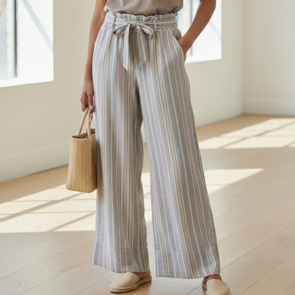Jolt Womens Linen Blend Striped Wide Leg Paperbag Waist Pants Beige Multi Size M
